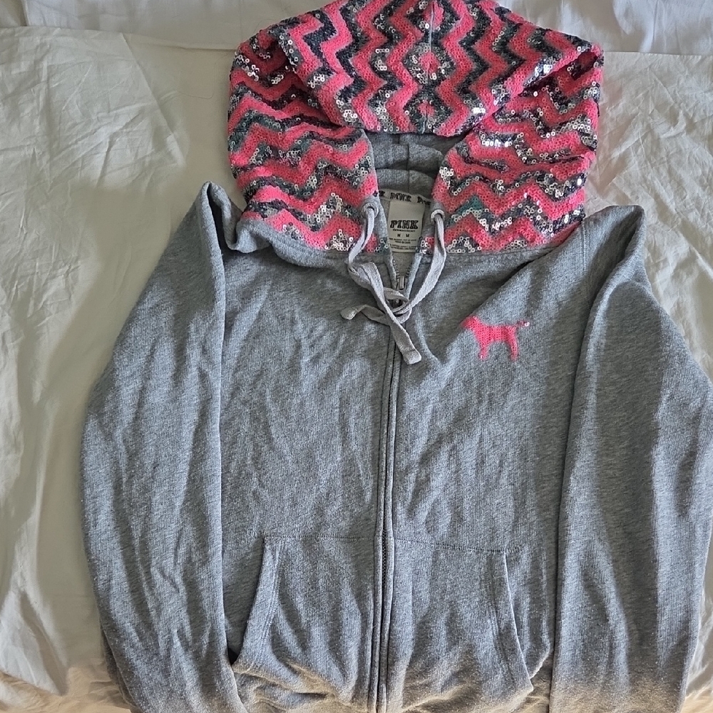 Victoria's Secret Gray and Pink Sequin Hoodie